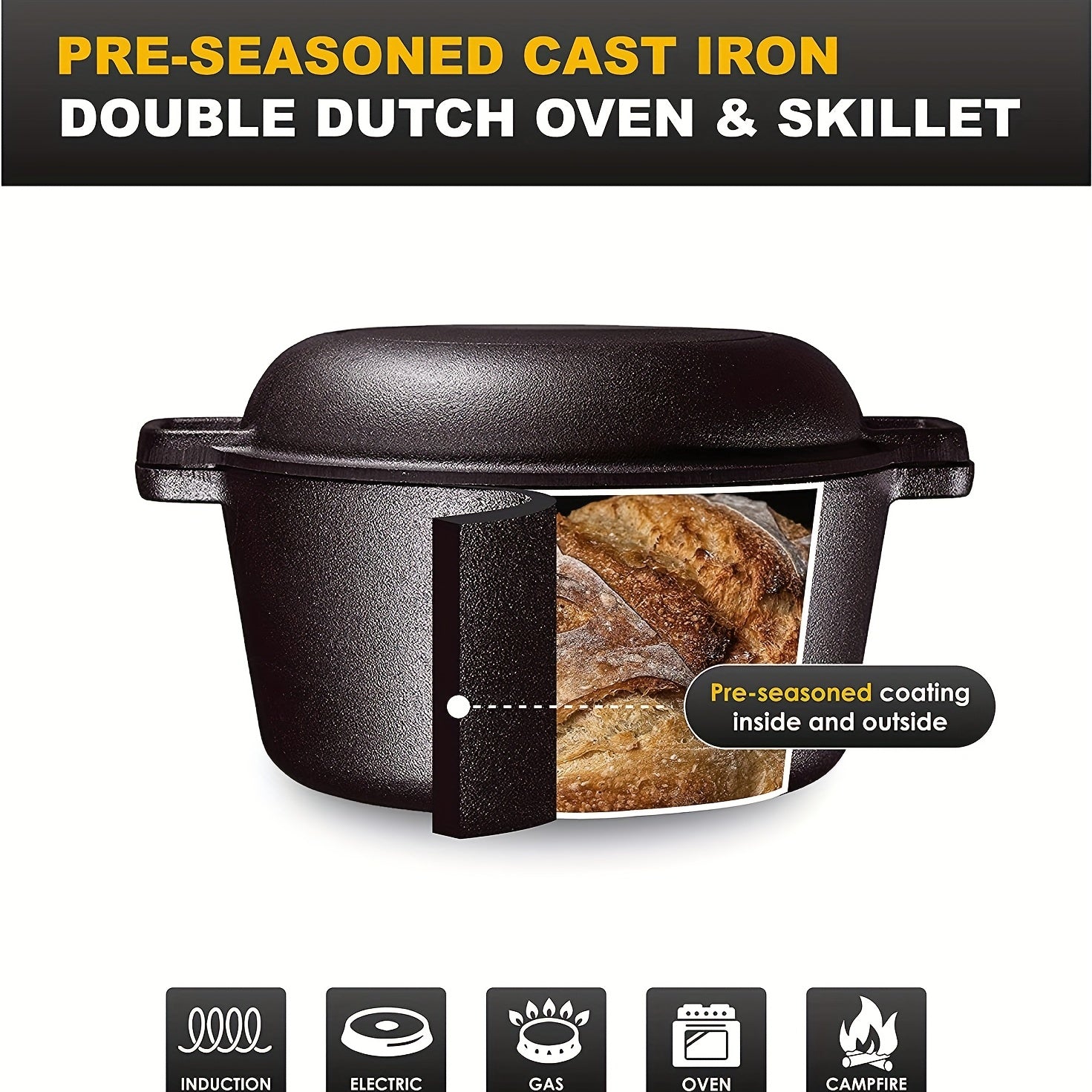 Cast Iron Dutch Oven and Frying Pan Set, 2-in-1 Cooking, Induction Compatible