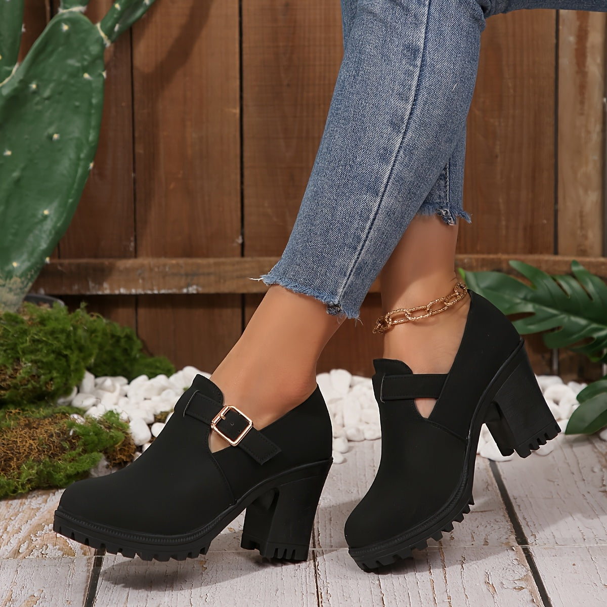 Women's Black Chunky Heel Pumps with Buckle Strap and Rubber Sole