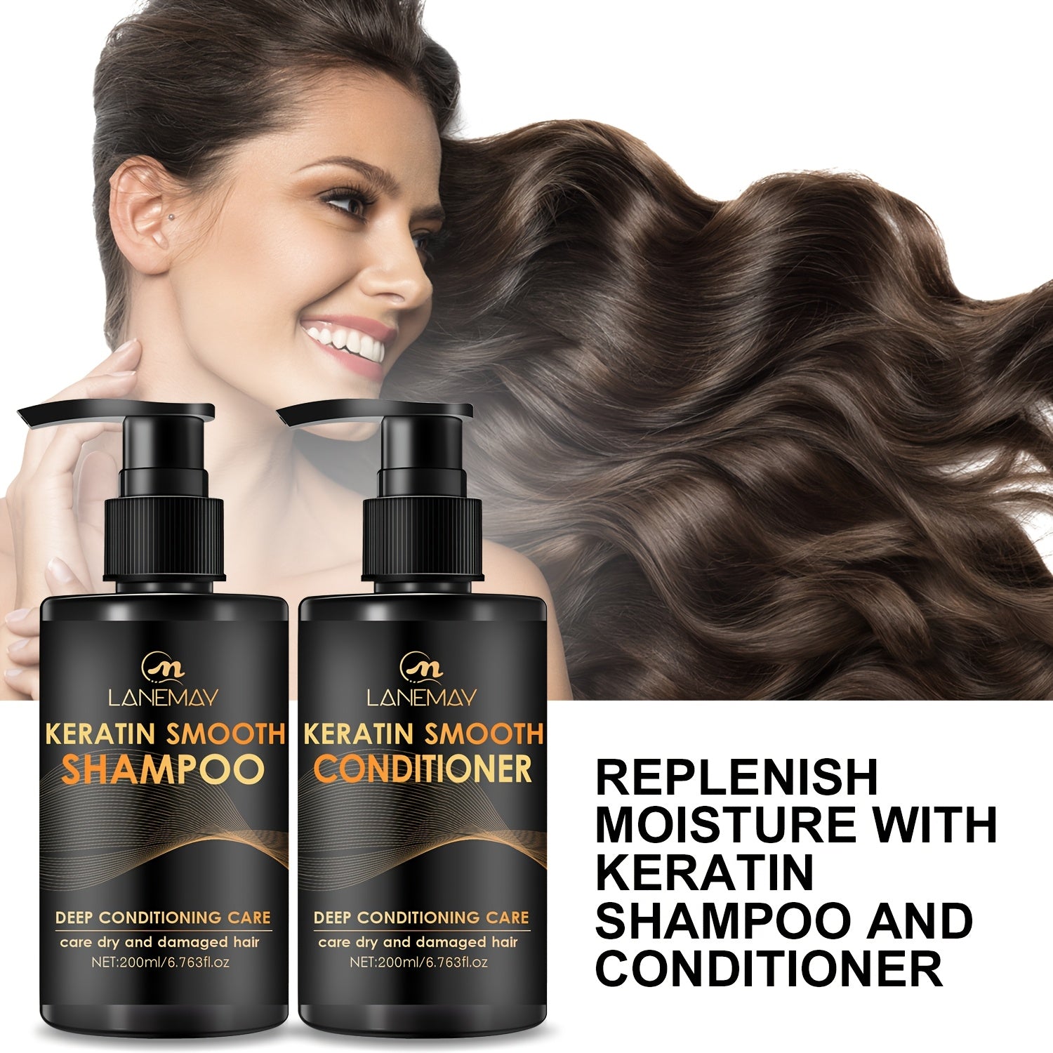 2pcs Keratin Smooth Shampoo and Conditioner Set Moisturizes Hair Strengthens Prevents Breakage