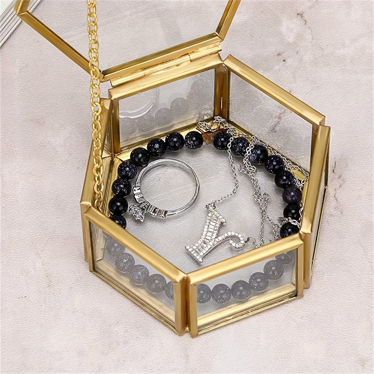 Ретро-шкатулка для украшений из стекла с золотой отделкой для хранения колец, серег, часов