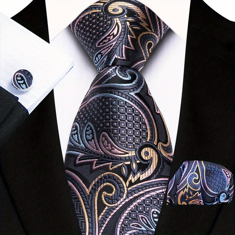 Men's Floral Plaid Necktie and Handkerchief Clip Set for Business and Weddings