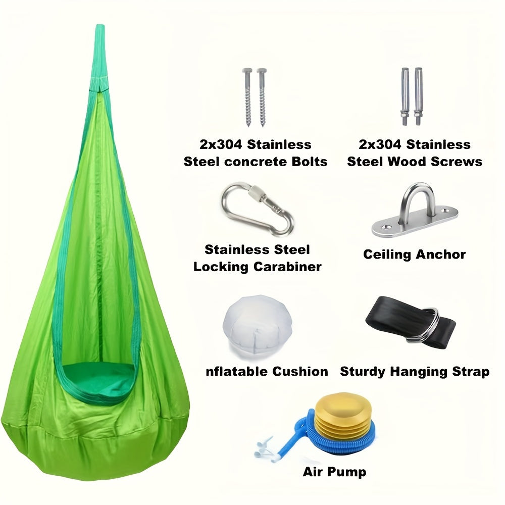 Hanging Hammock Chair for Indoor Outdoor Use with Inflatable Pillow Nylon Blue for Relaxation and Play