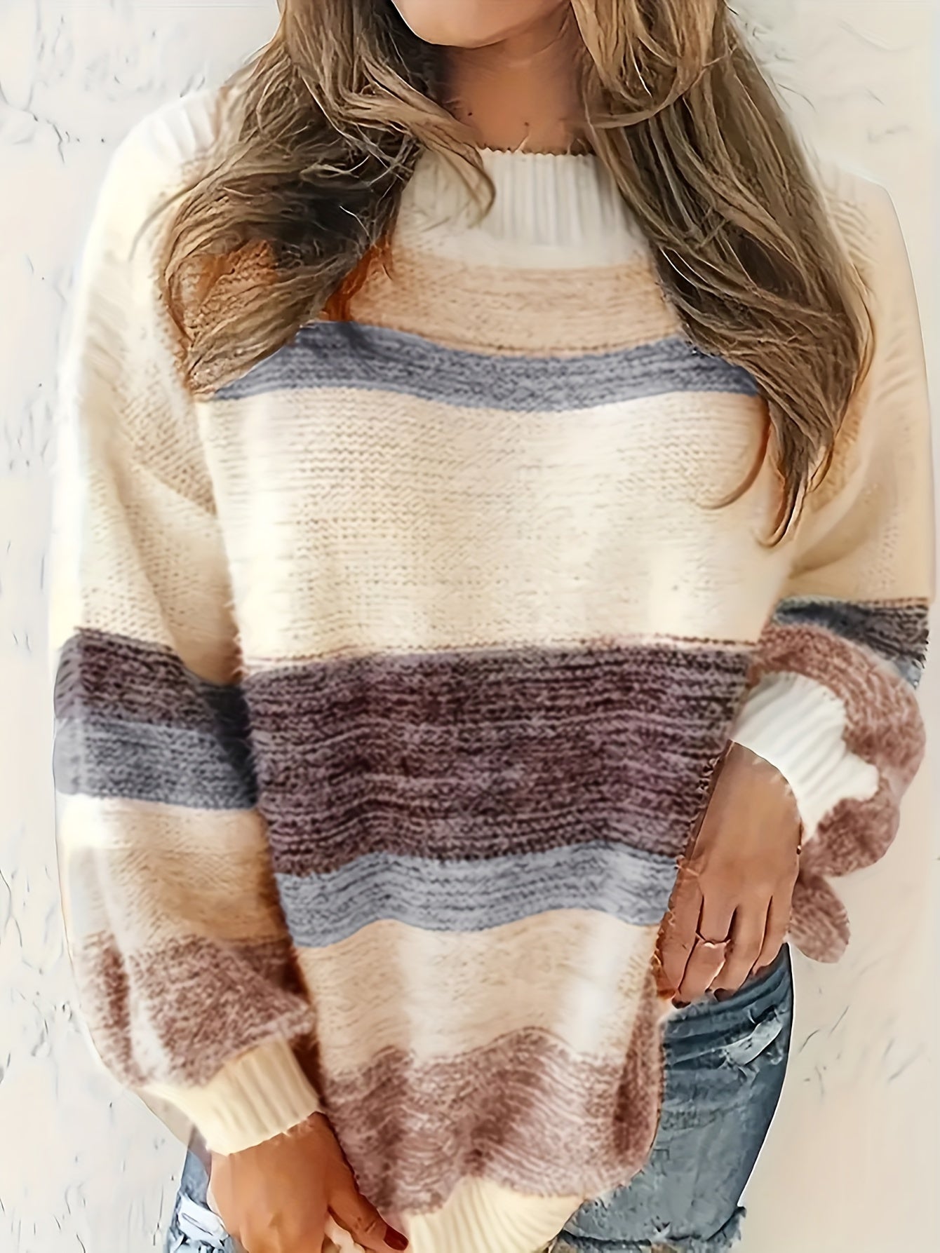 Plus Size Color Block Striped Crew Neck Sweater for Women Long Sleeve Fall Winter