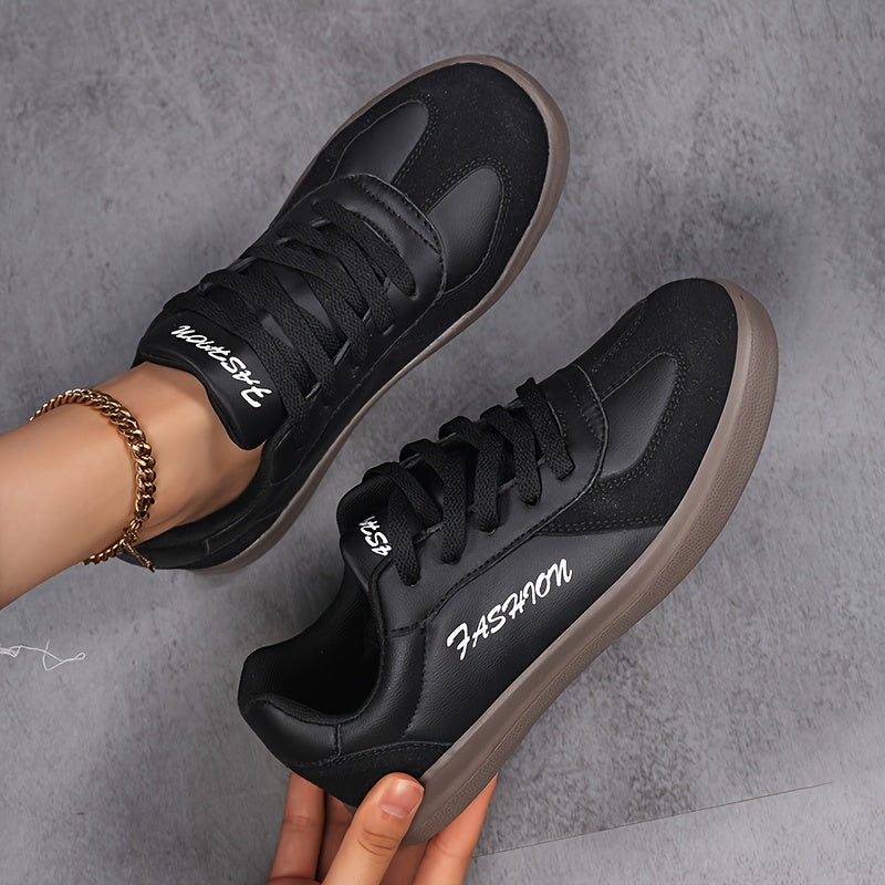 Zapatillas de moda negras para mujer, calzado casual de bajo corte, punta redonda, con cordones, para todas las estaciones