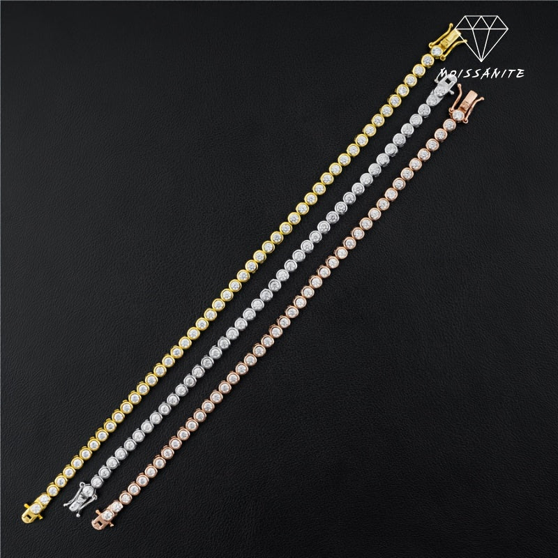 S925 kumushdan yasalgan bitta bilaguzuk, tennis zanjir dizayni bo'ylab hip hop uslubida o'rnatilgan 2mm Moissanite toshi bilan.