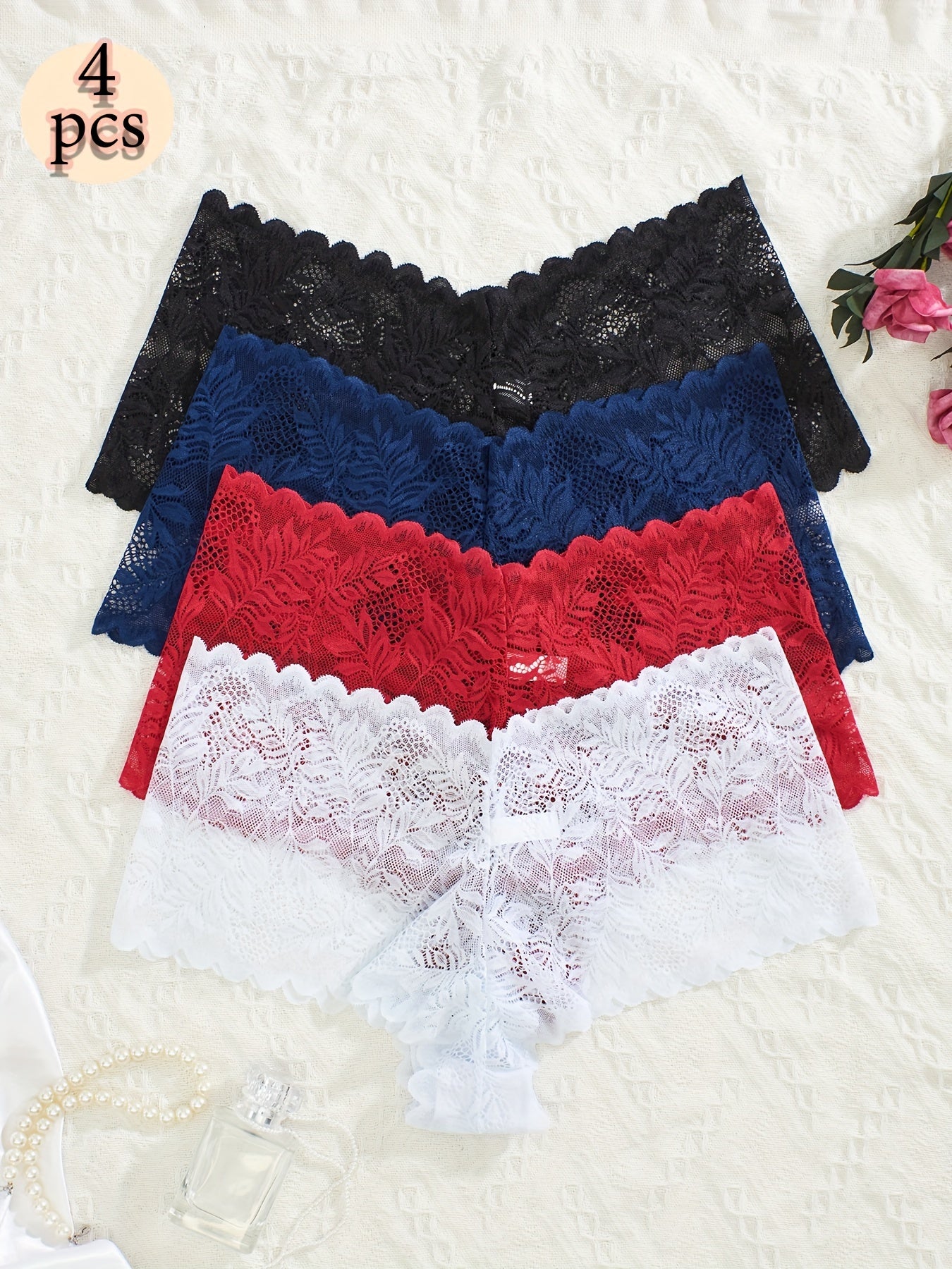 Plus Size Women's Lace Briefs 4 Pack High Stretch Solid Color Sexy Panties