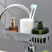 Plastic Sink Caddy with Adjustable Faucet Sponge Holder Hanging Tap Rack Dish Cloth Organizer and Soap Drain Shelf