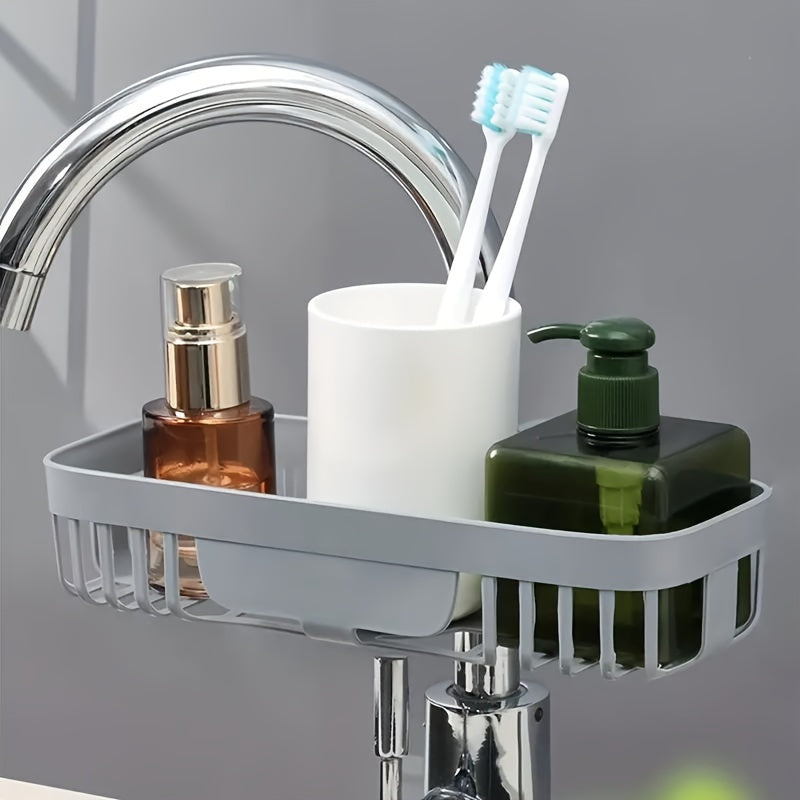 Plastic Sink Caddy with Adjustable Faucet Sponge Holder Hanging Tap Rack Dish Cloth Organizer and Soap Drain Shelf