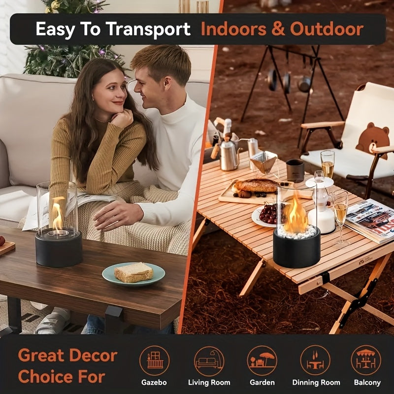 Vent-Free Portable Round Fire Pit Tabletop Fireplace with Glass Cylinder and Metal Base