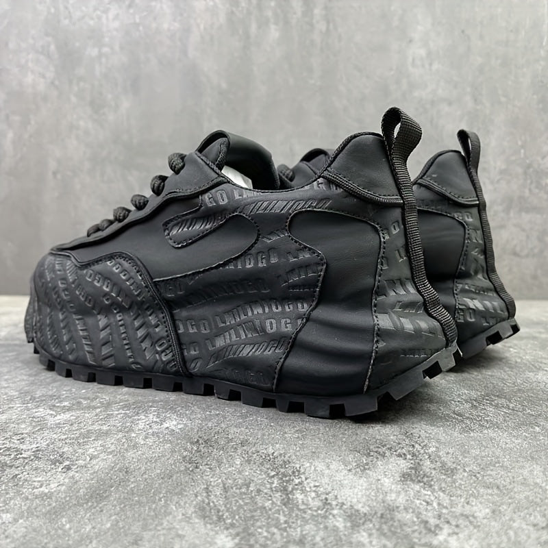 Men's Black Chunky Sole Sneakers with Textured PU Upper and Breathable Fabric Inner