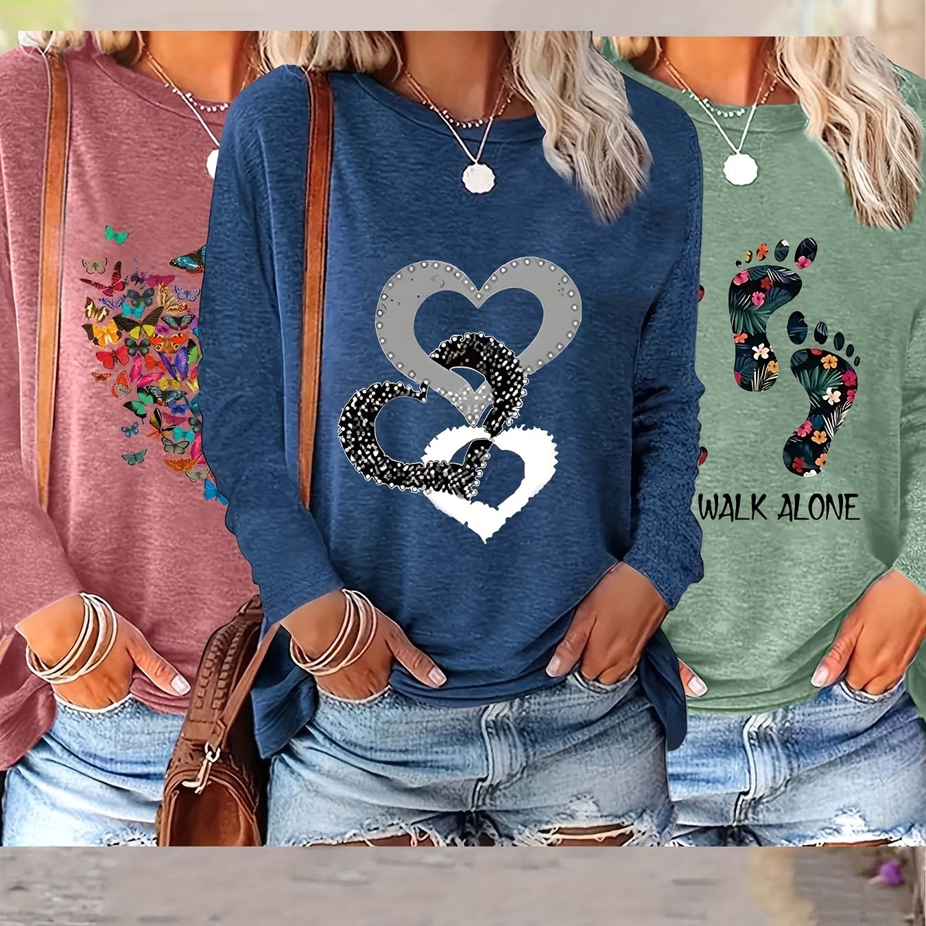 Women's Casual Long Sleeve T-Shirts Set with Geometric Prints in Black Teal Pink and Purple