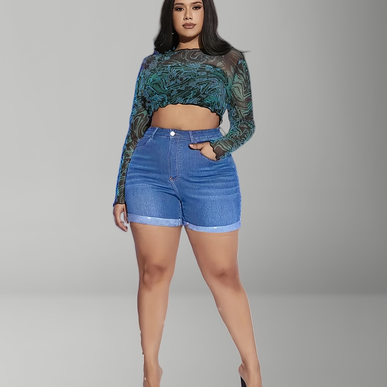 Shorts de talla grande, elásticos y versátiles con dobladillo enrollado para mujer, azul, cintura de 16 pulgadas