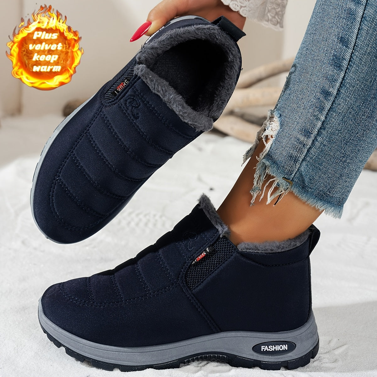 Women's Fleece-Lined Short Boots Black Red Winter Outdoor Shoes