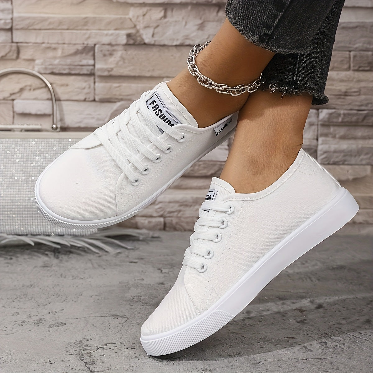 Women's Casual White andBlack Low-Top Sneakers with Soft Fabric Upper