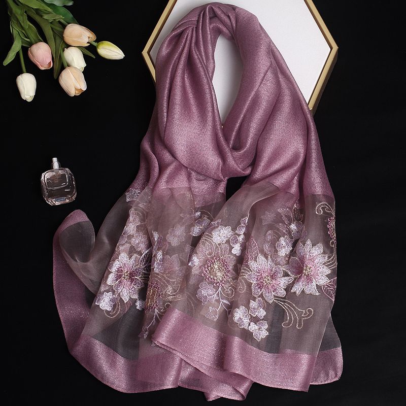 Silk and Wool Embroidery Scarf for Women Floral Long Outerwear