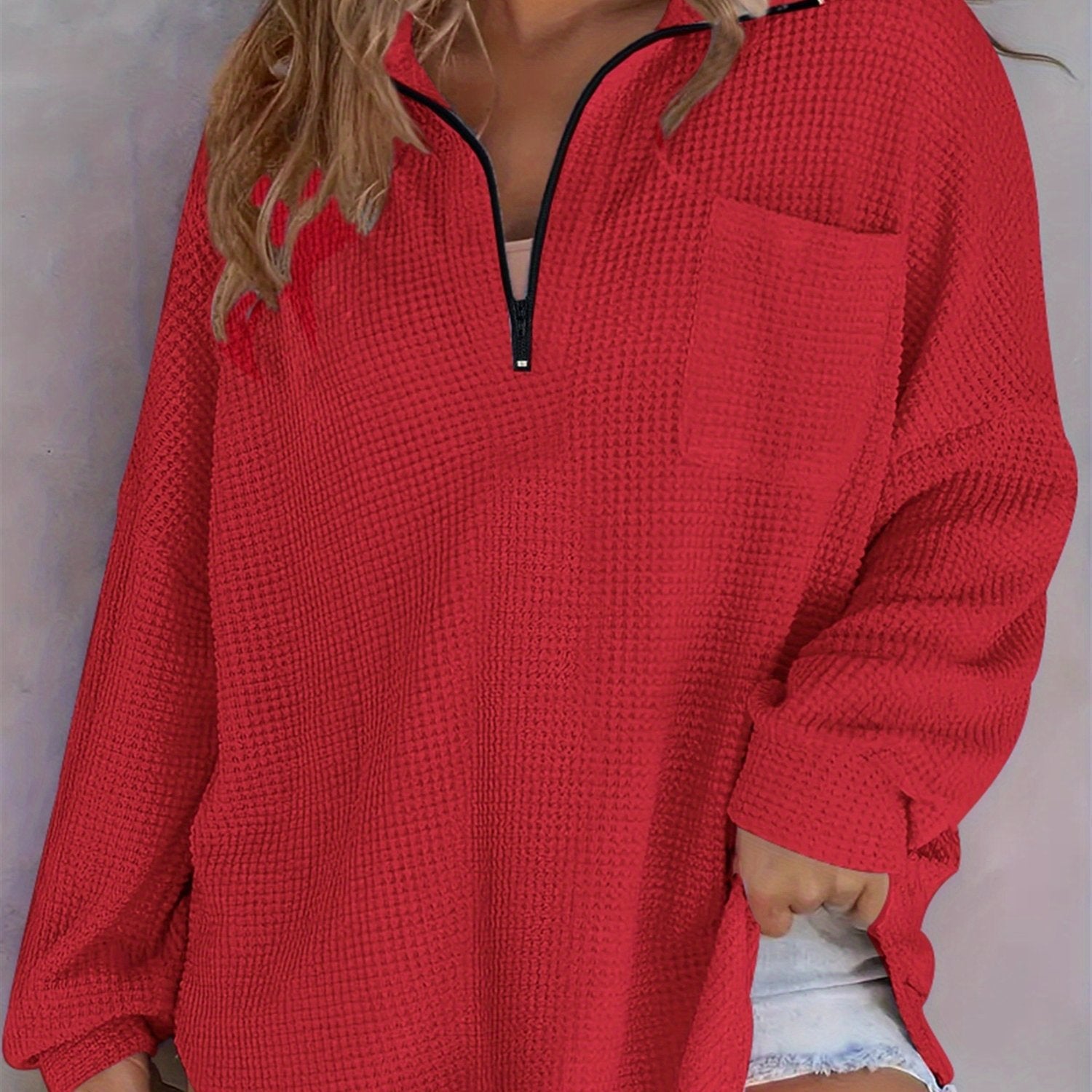 Plus Size Knit Pullover Sweatshirt Zipper V-Neck Polyester Spandex Solid Fall Winter