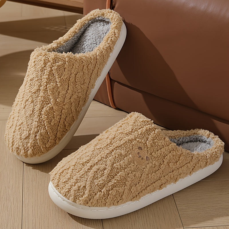 Winter Fleece-Lined House Slippers for Men and Women Solid Color TPR Sole