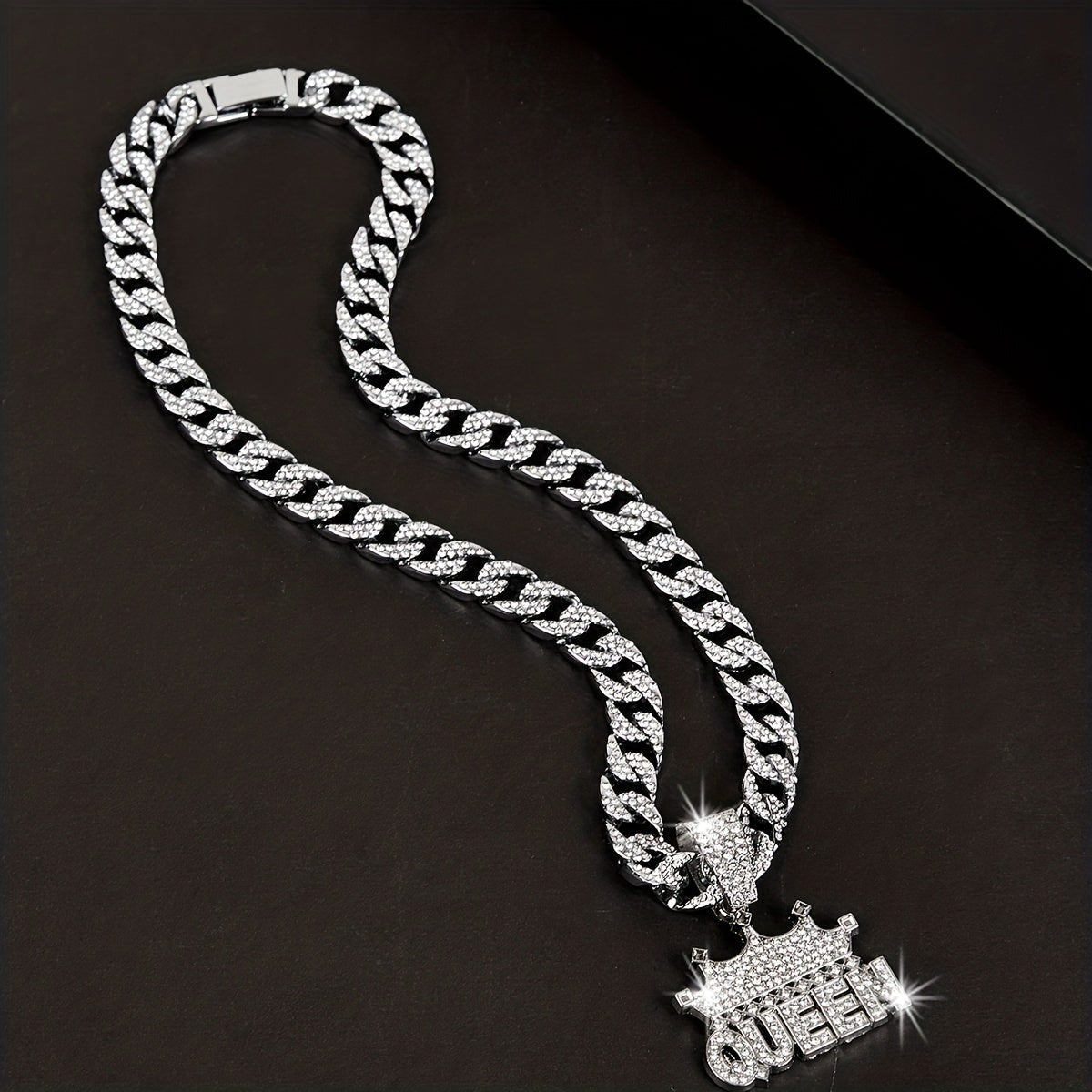 Women's Cuban Link Chain Necklace with Crown Queen Pendant Rhinestones Hip Hop Style