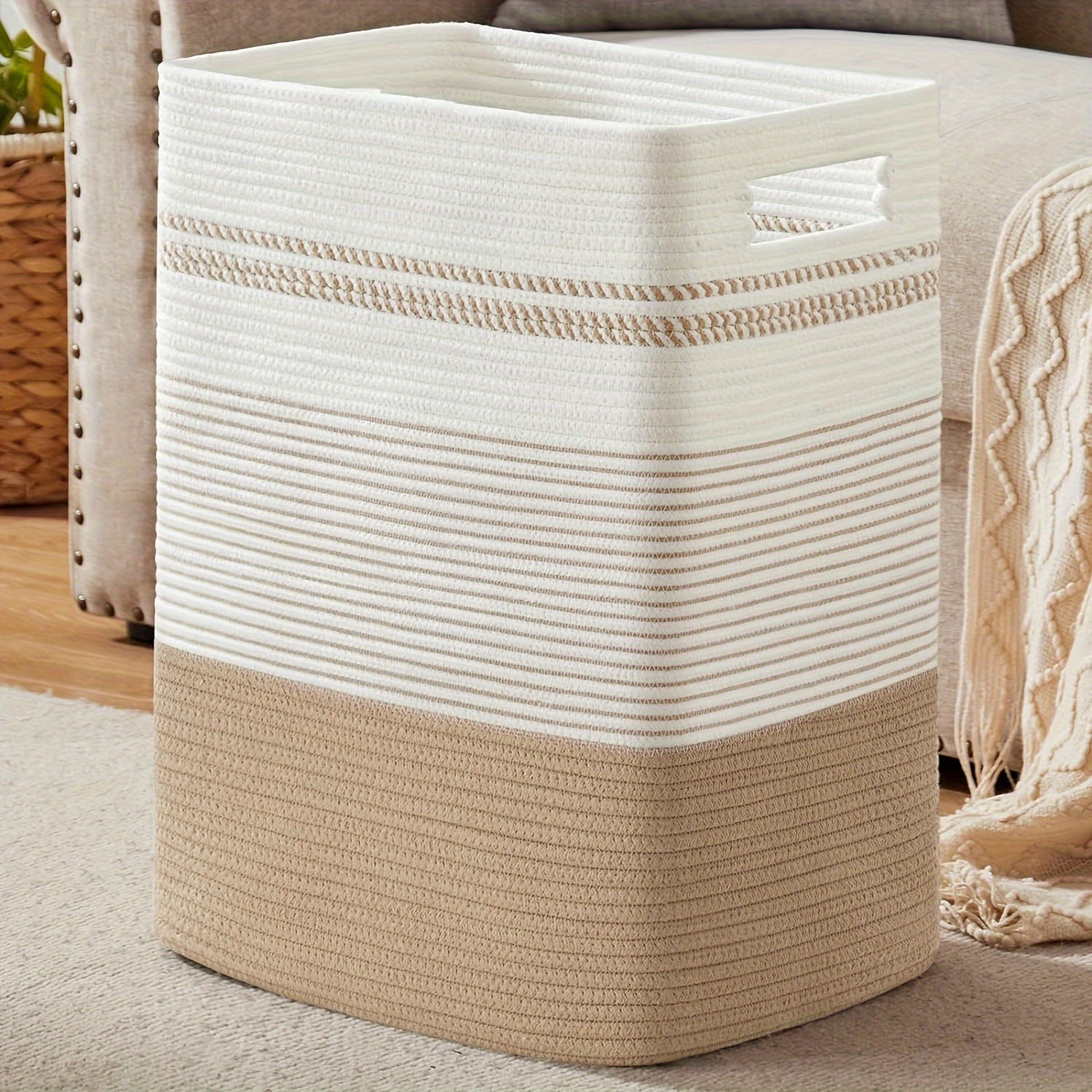 Large Cotton Rope Laundry Basket with Handles for Clothes and Blankets Storage