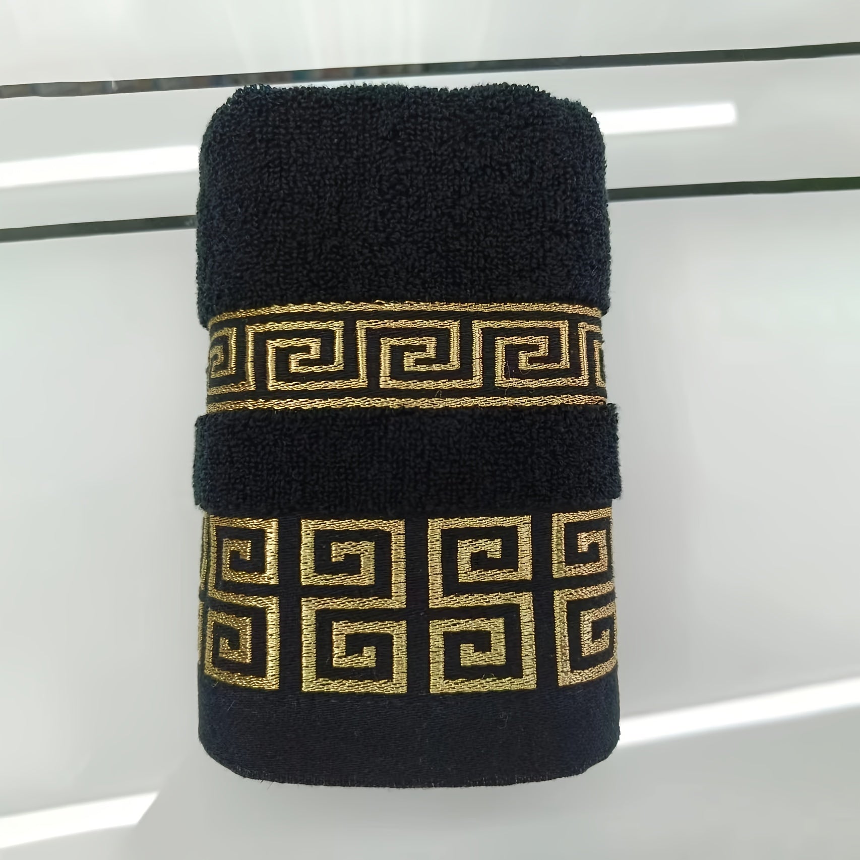 Cotton Bath Towel with Geometric Embroidery Soft Absorbent Quick-Drying Black 34x75cm or 70x140cm