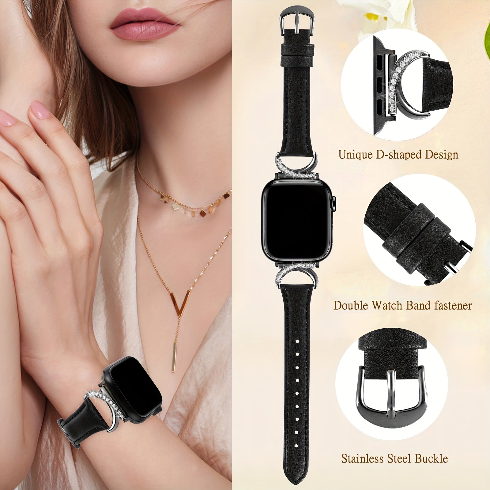 Women's Ultra-Thin Calfskin Watch Strap for Apple Watch Series 1-9 38mm-49mm Rhinestone Design