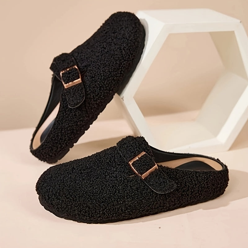 Women's Plush Mule Slippers with Adjustable Buckle Non-Slip Sole Indoor Outdoor