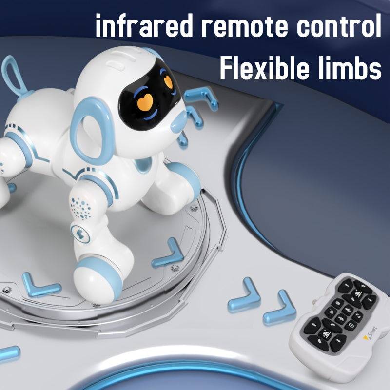 Juguete robot interactivo para niños de 3 años en adelante, perro RC programable en azul y blanco con control remoto por infrarrojos