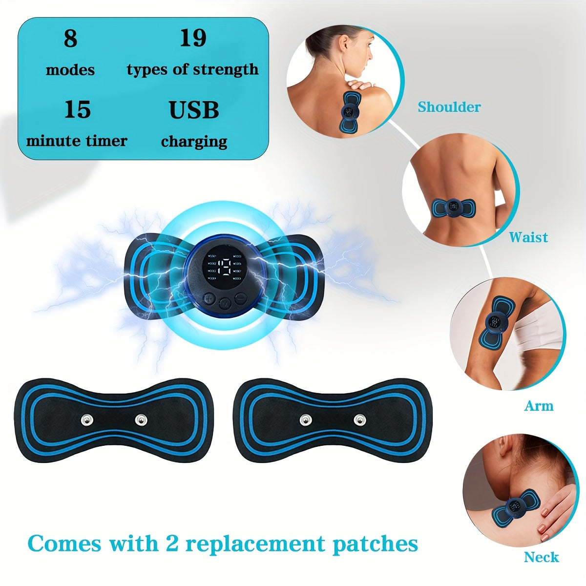 8 rejim, 19 intensivlik darajasi, USB orqali zaryadlanadigan, 15 daqiqalik taymerga ega bo'lgan portativ mushak massajchisi, 2 ta almashtirish yamoqlari bilan birga. Ofisda bo'yin, yelka, qo'l va bel massaji uchun ideal.