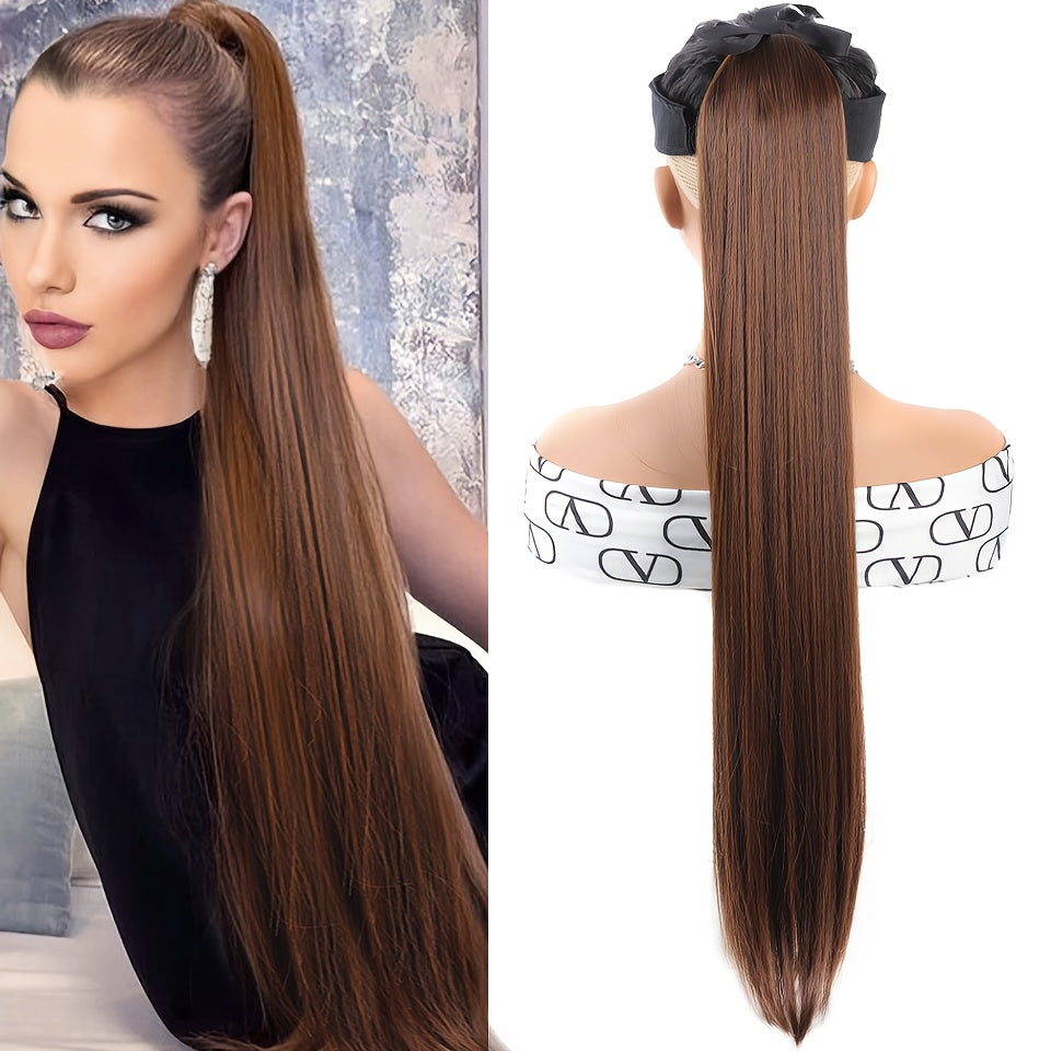 Women Black Synthetic Straight Ponytail Hair Extension 81.28cm Drawstring Style