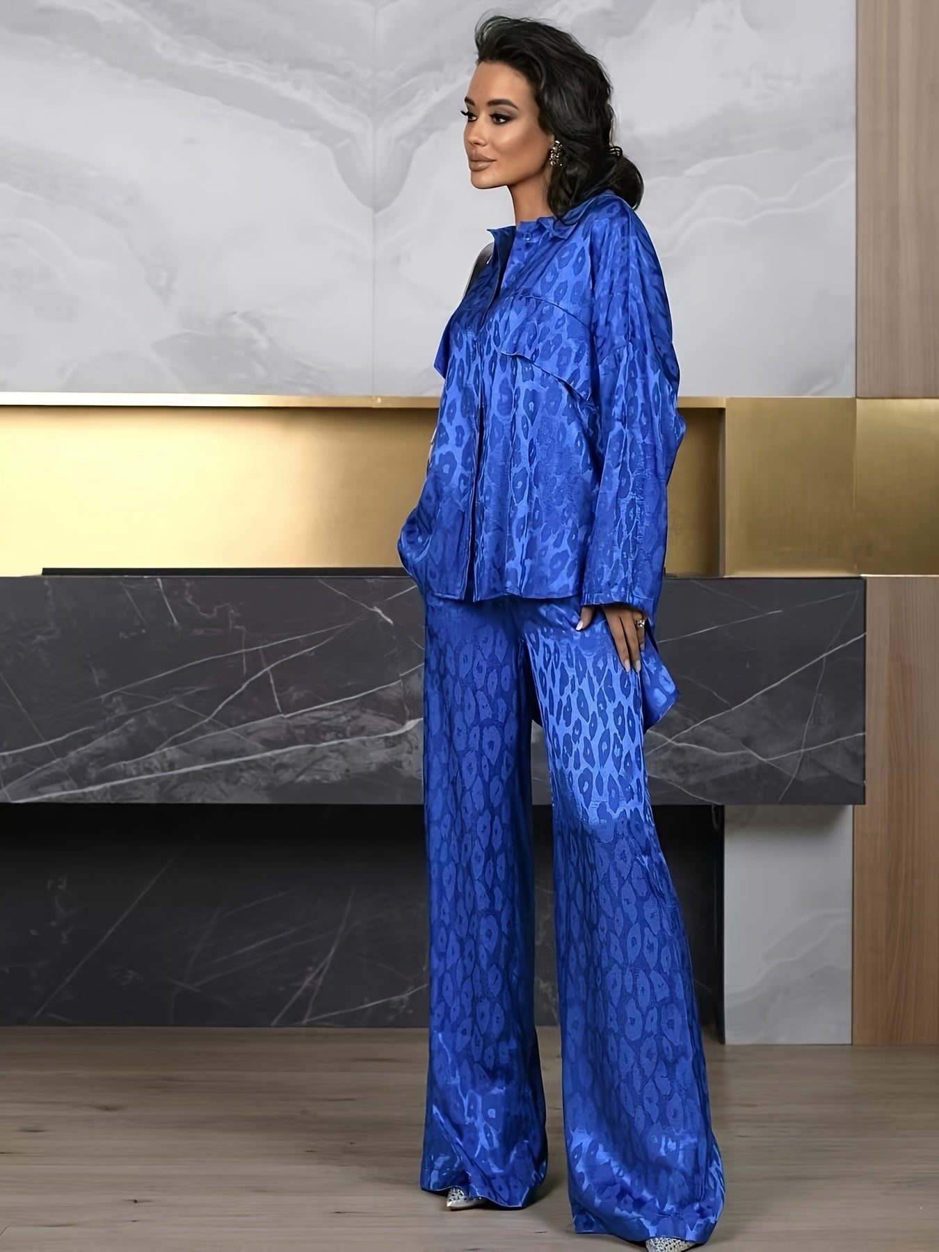 Conjunto de dos piezas con estampado de leopardo, manga larga, casual, tejido de poliéster y spandex