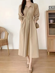 Women's Solid Color Midi Dress with Lapel Collar Zipper Pockets Long Sleeve Polyester