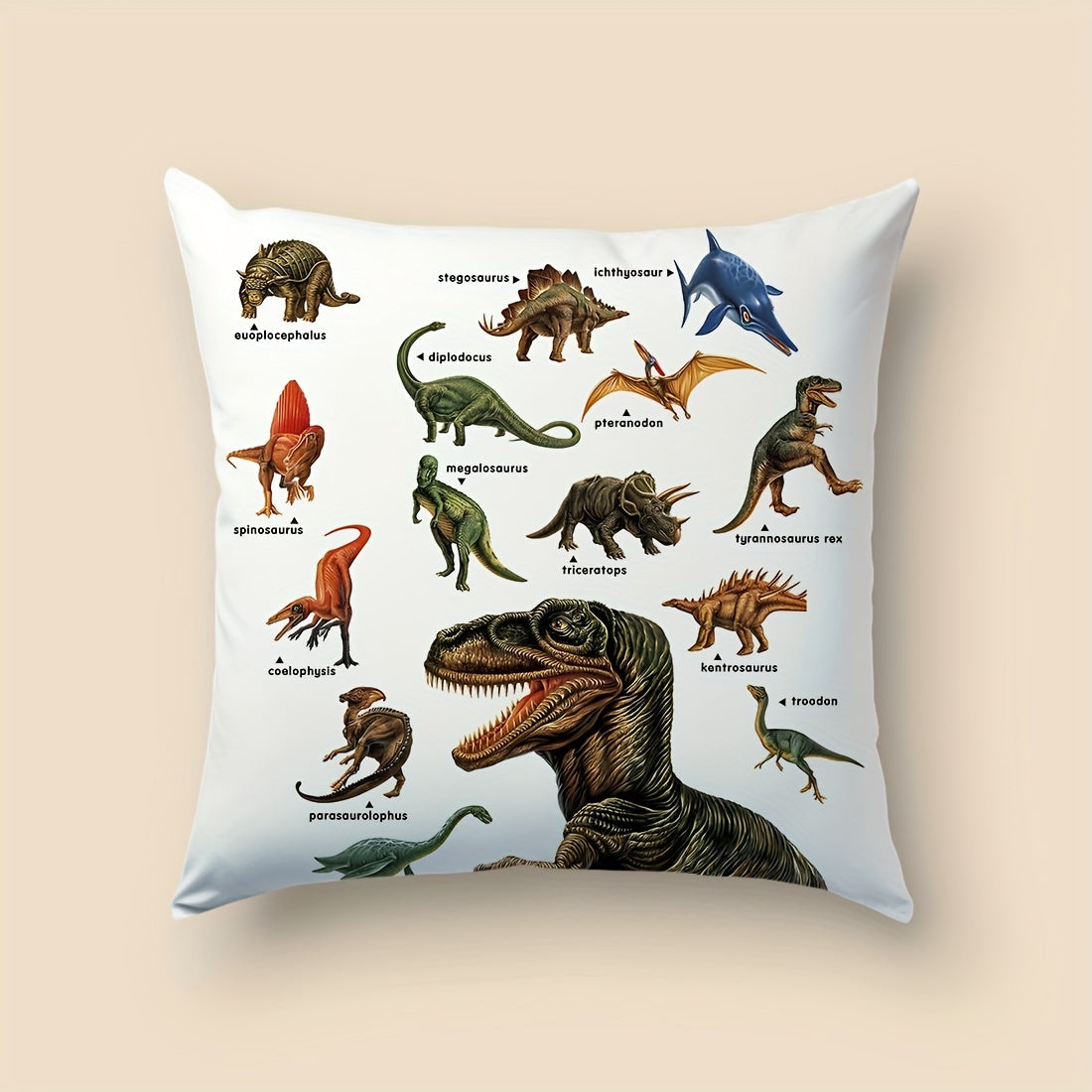 45x45cm Dinosaur Educational Illustration Pillowcase Made from Peach Skin Velvet for Sofa Bed Car Decor