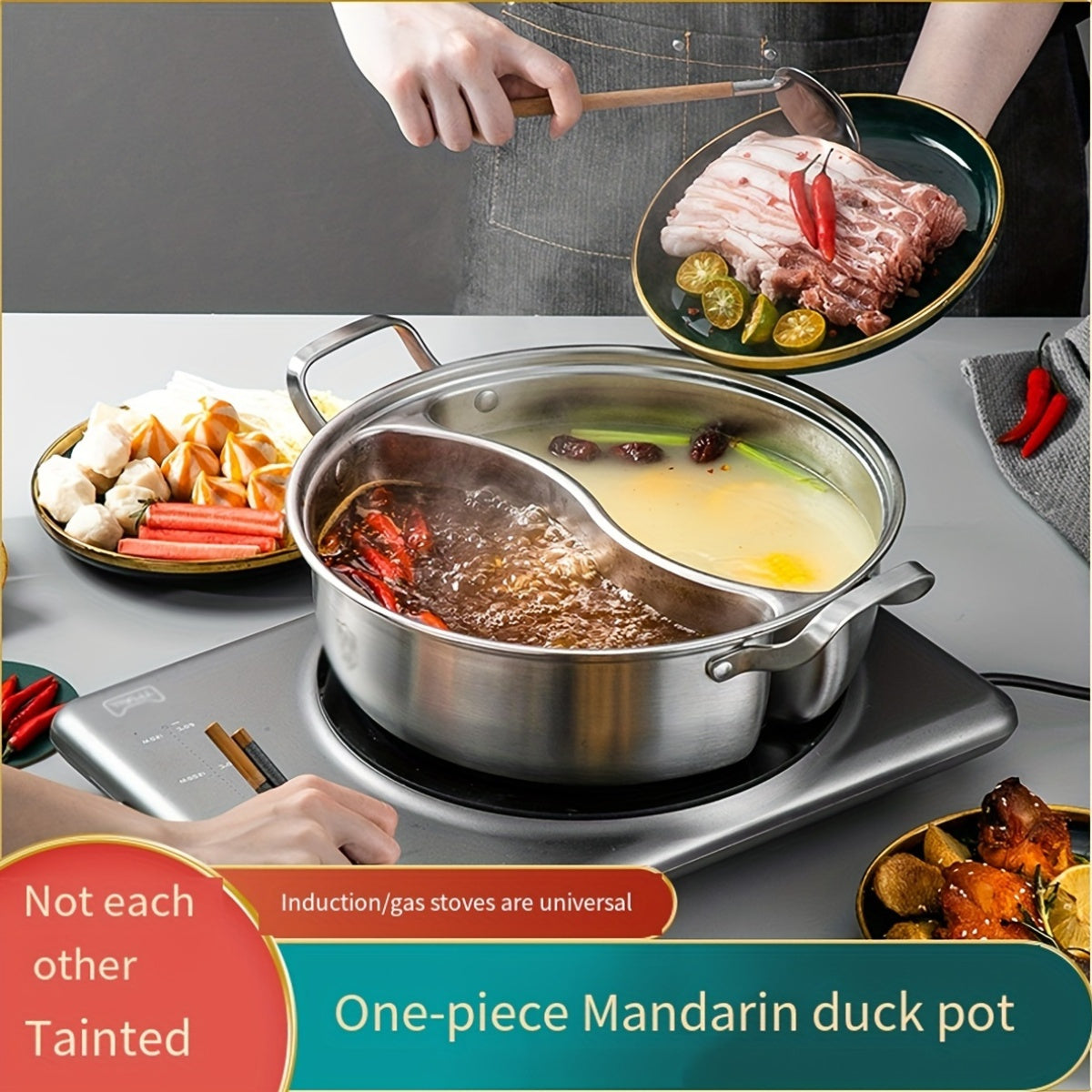 Stainless Steel Hot Pot with Dual Flavors Non-Tainting Soup Separator for Gas and Induction Stovetops