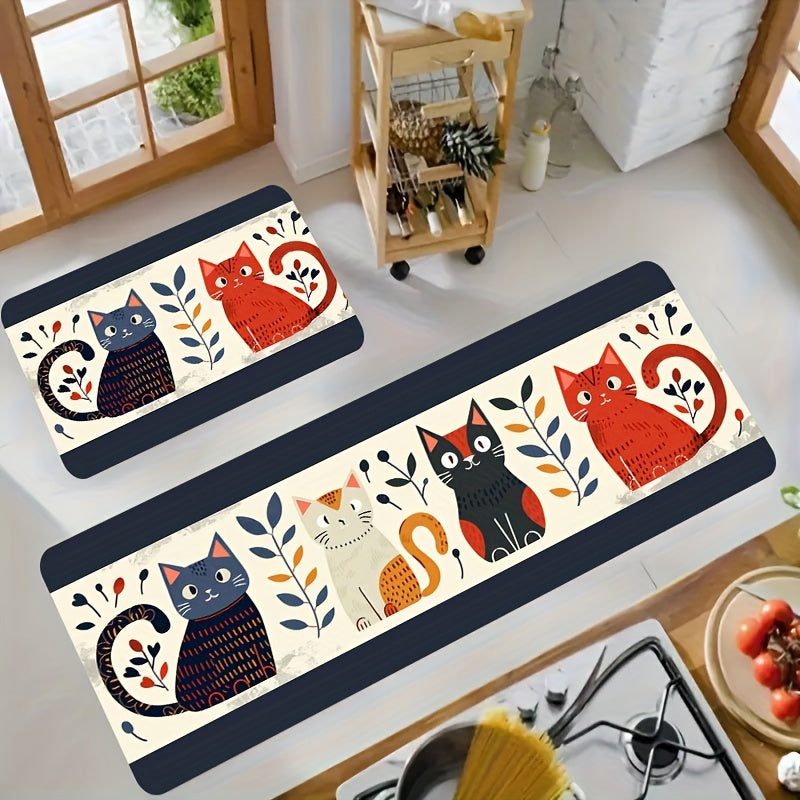 Cat Print Doormats Set Waterproof Non-Slip Polyester for Kitchen Living Bathroom