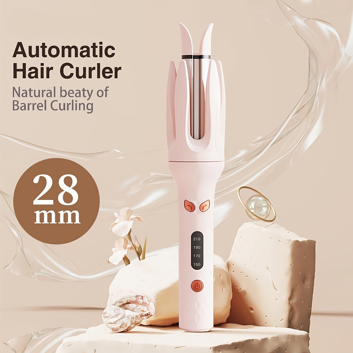 Rizador de cabello automático de 28mm de diámetro, 4 configuraciones de temperatura, diseño antiquemaduras, varita rizadora para resultados de salón en cabello largo