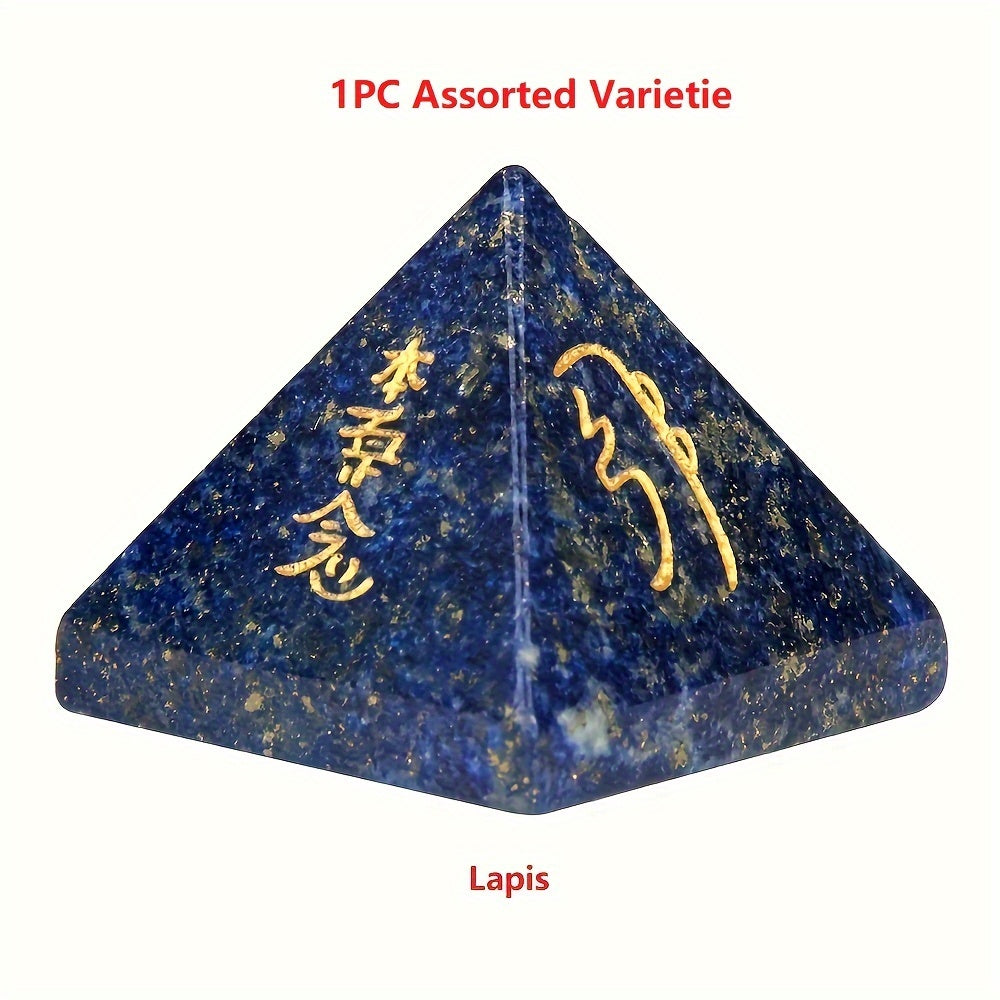 Hand-Carved Reiki Symbol Pyramid Natural Stone with Healing Crystals for Meditation and Gift