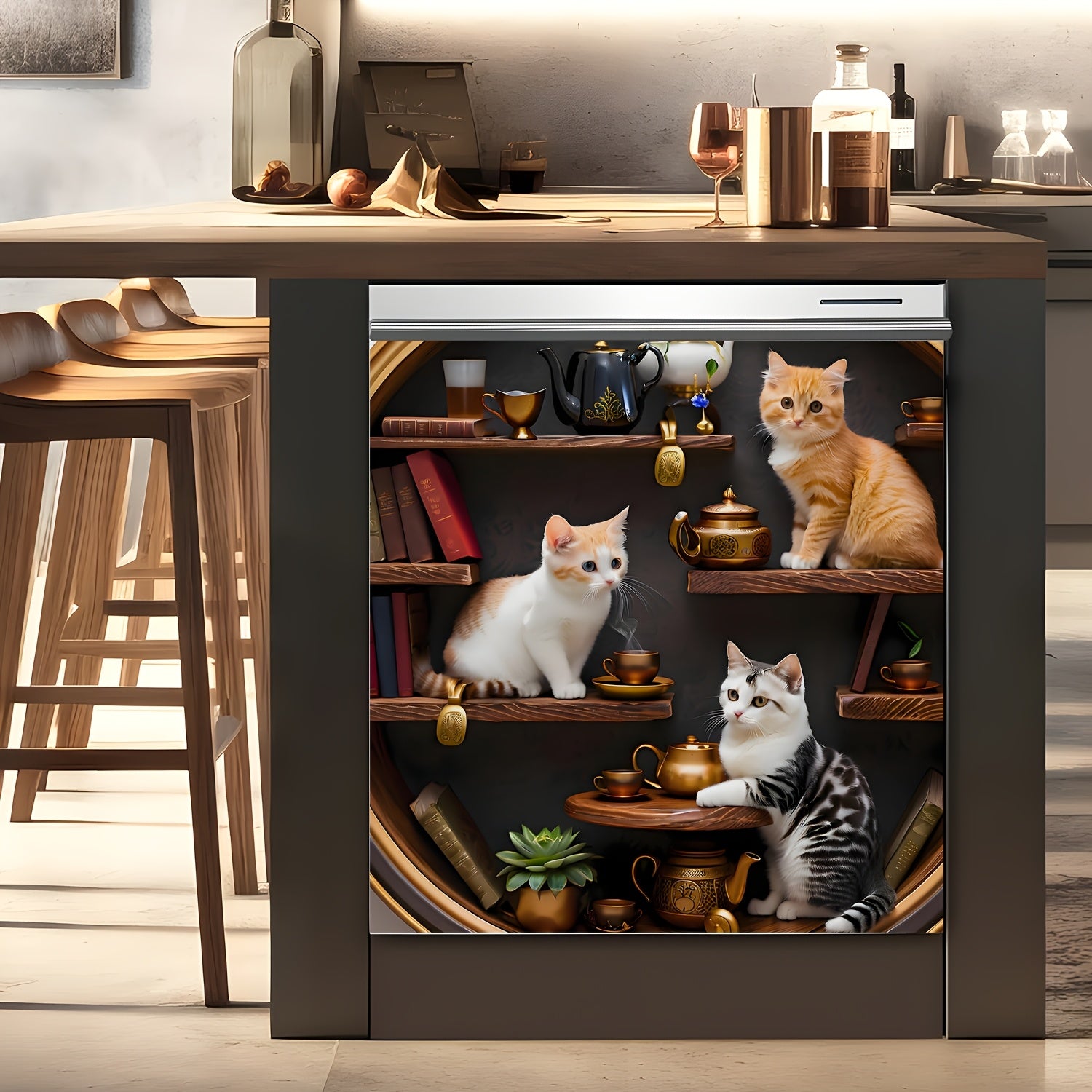 Mushuk mavzusidagi magnitli idishlarni yuvish mashinasining qopqog'i uchun dekali yumshoq vinil stiker, apelsin rangli tabby mushukcha, oshxona dekoratsiyasi