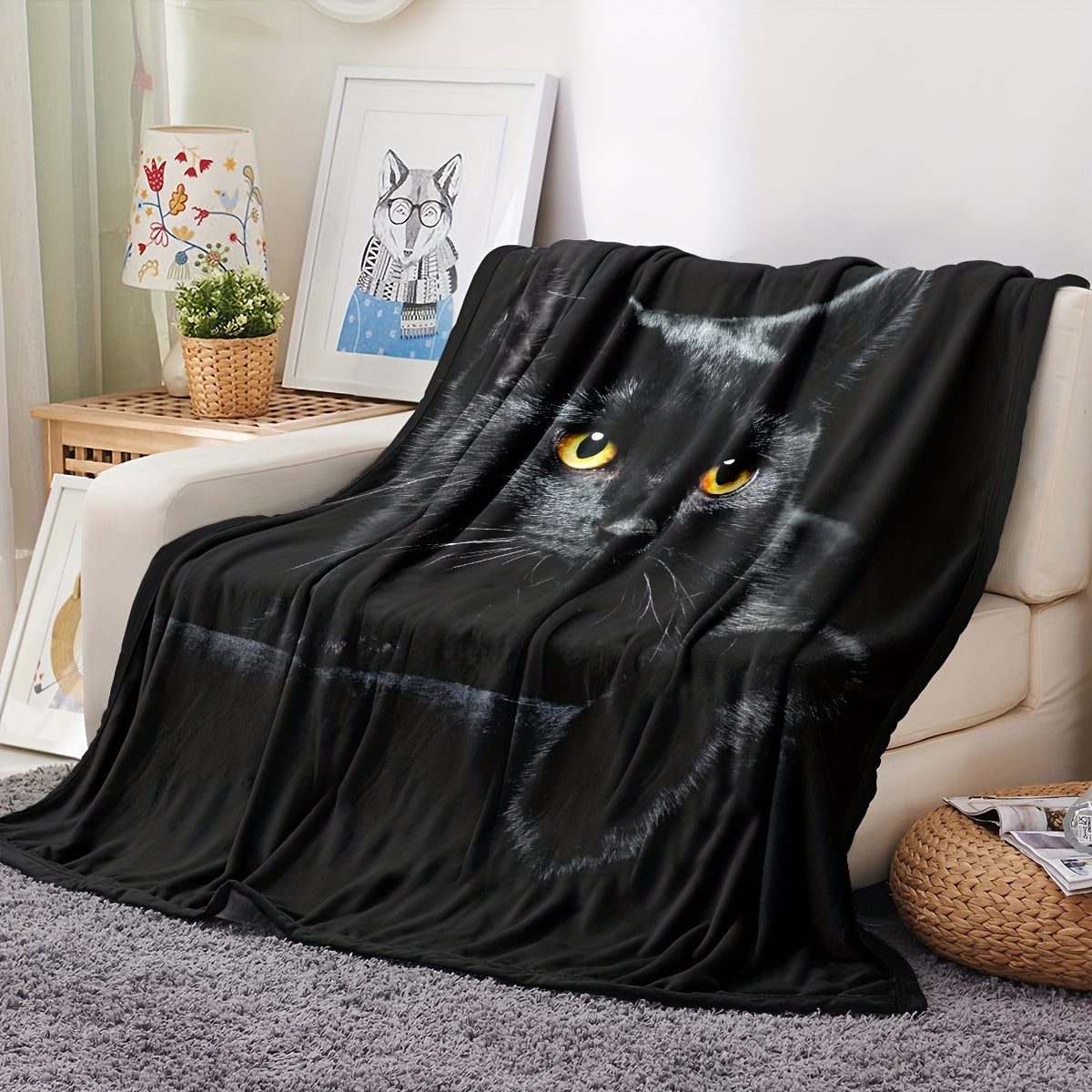 Black Cat Print Flannel Throw Blanket for Couch Bed Car Office Camping