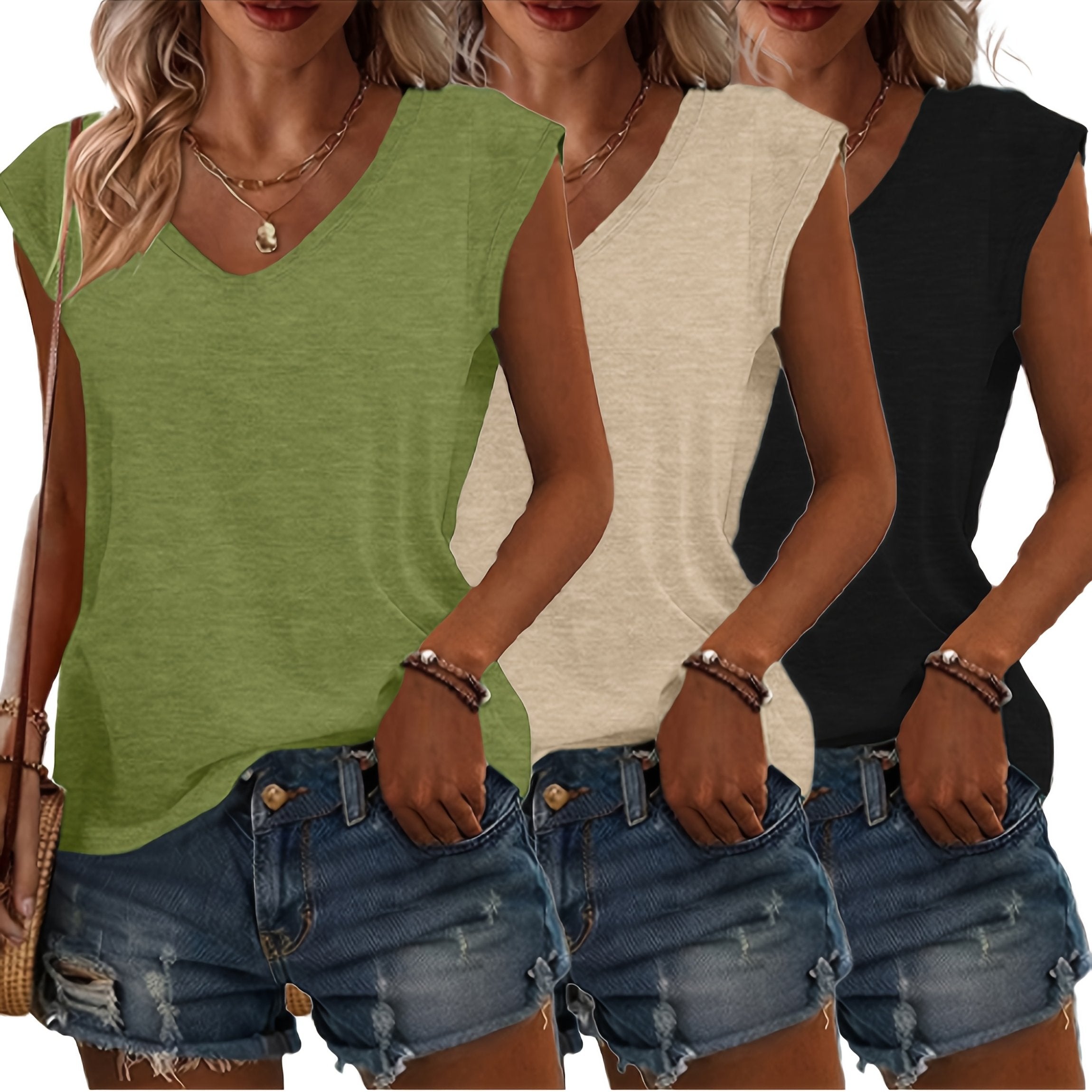 Women's Casual Solid Color V-Neck T-Shirts, Short Sleeve, Loose Fit, 3 Pack