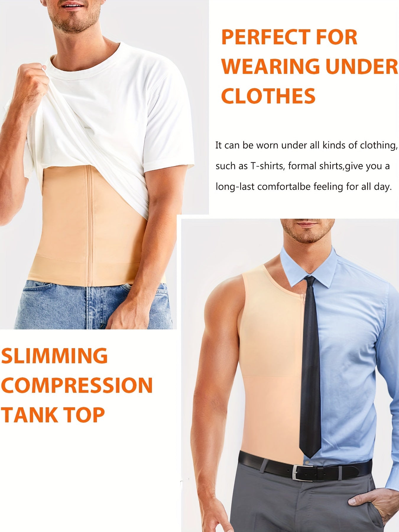 Men's Compression Tank Top with Zipper Body Shapewear Nylon Spandex Solid Crew Neck Skinny