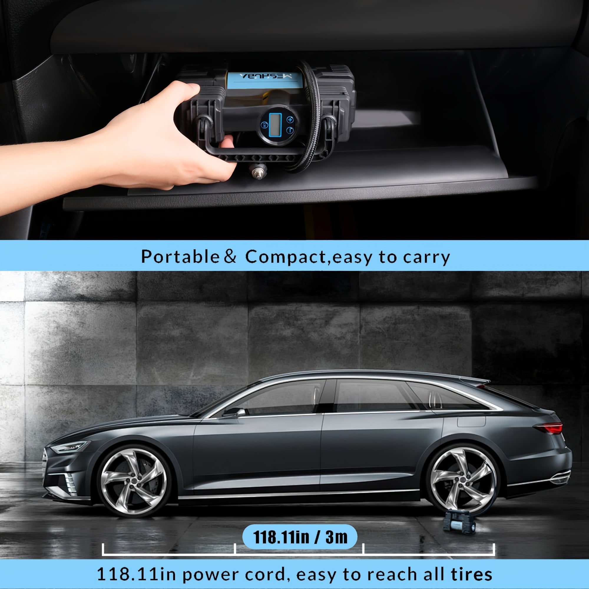 12V Portable Tire Inflator High-Pressure Air Compressor Digital Gauge for Cars Bikes Blue