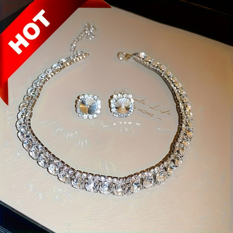 Emerald Crystal Jewelry Set for Women Necklace and Earrings Silver Plated Party Everyday