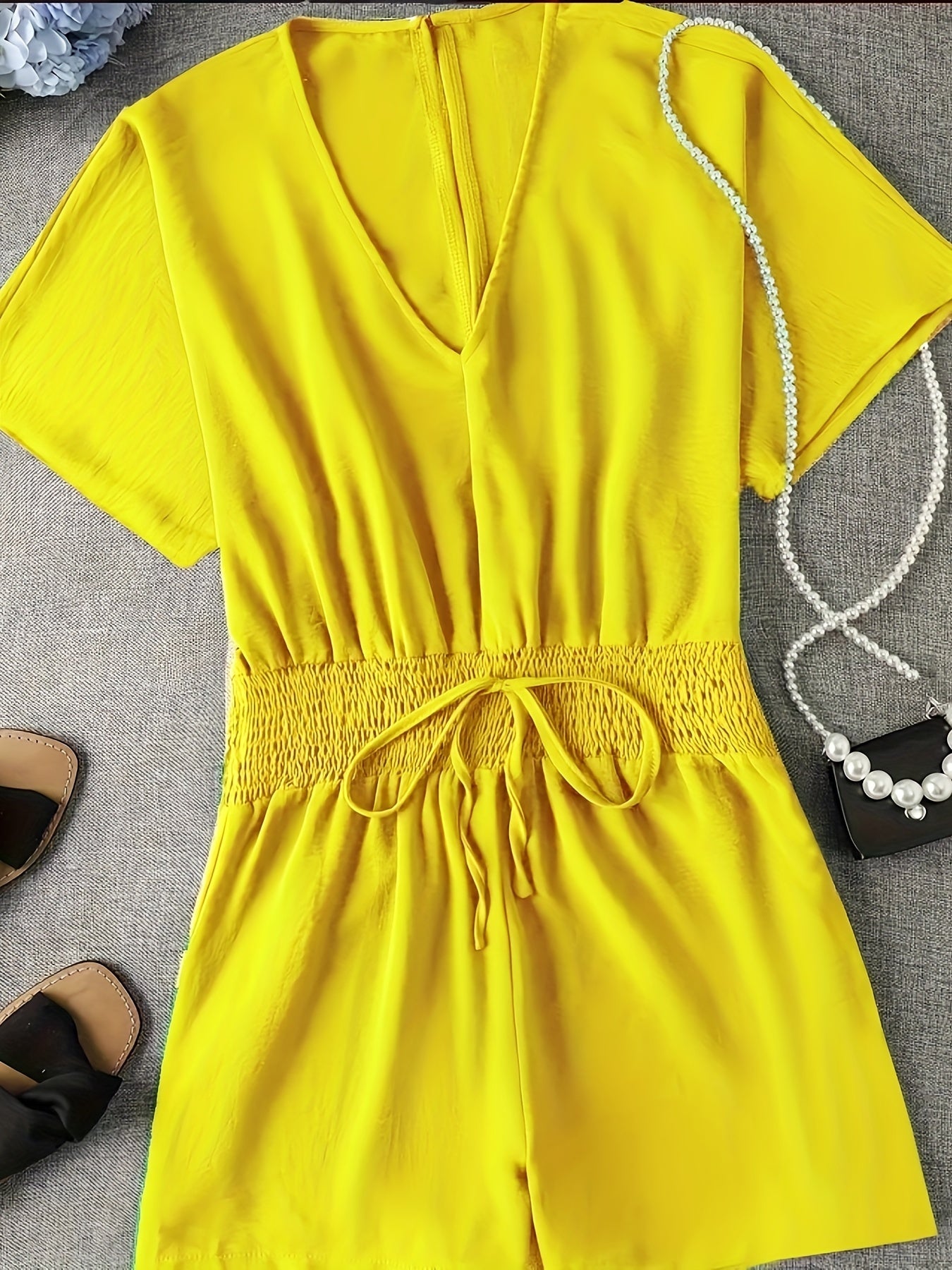 Women's Plus Size Shirring Solid Romper Short Sleeve V Neck Casual Clothing