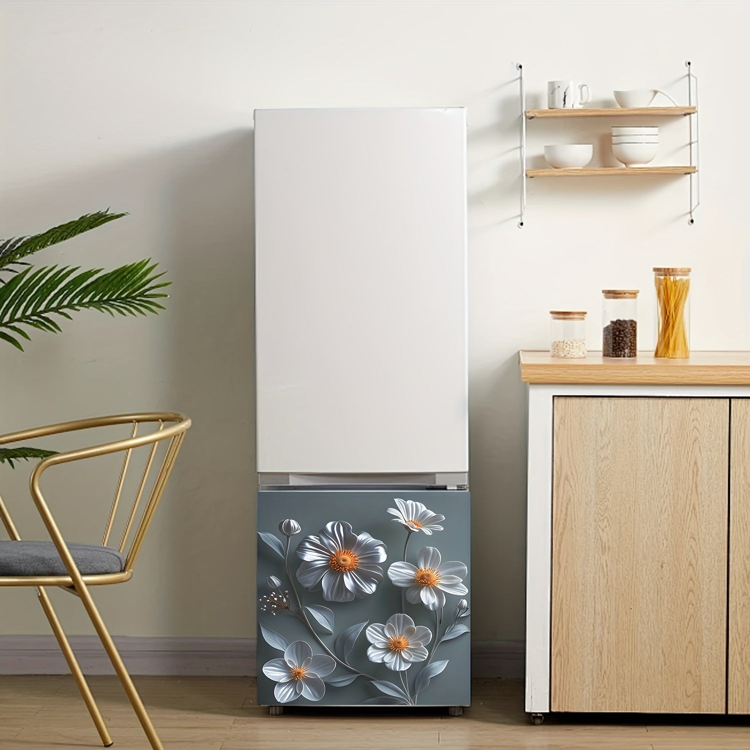 Magnetic Dishwasher Cover Reusable PVC Floral Sticker for Fridge Cabinet White Gray Daisy