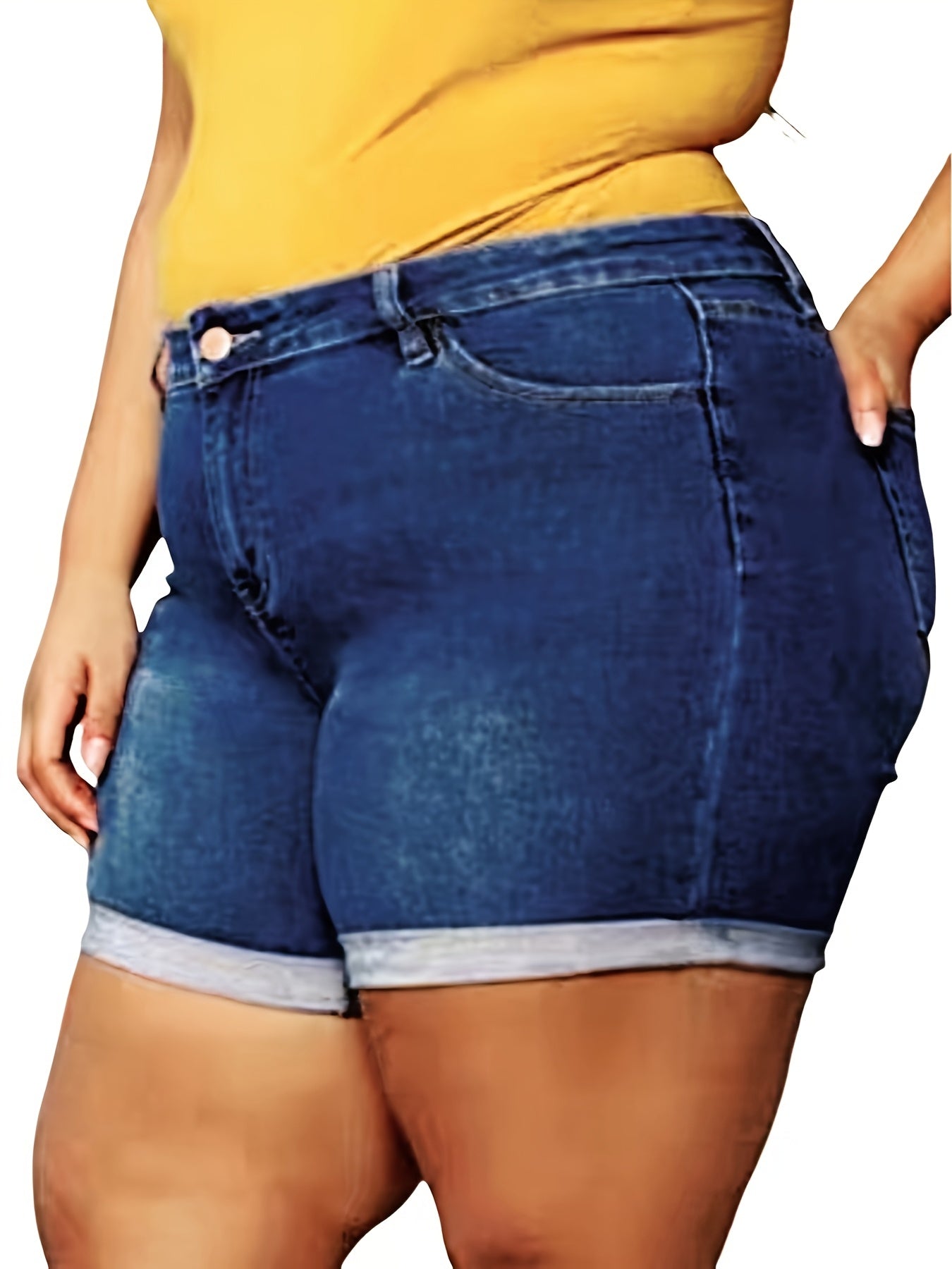 Women Plus Size Denim Shorts High Waist Woven Bermuda Solid Color