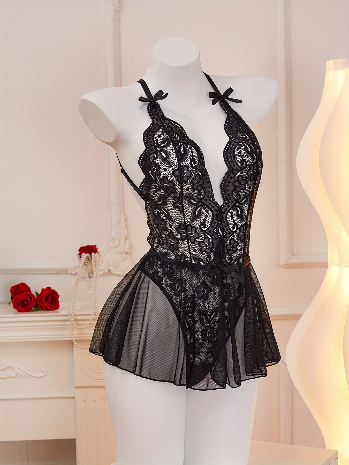 Women’s Lace Bodysuit Deep V Halter Backless Hollow Details Polyamide Elastane Solid