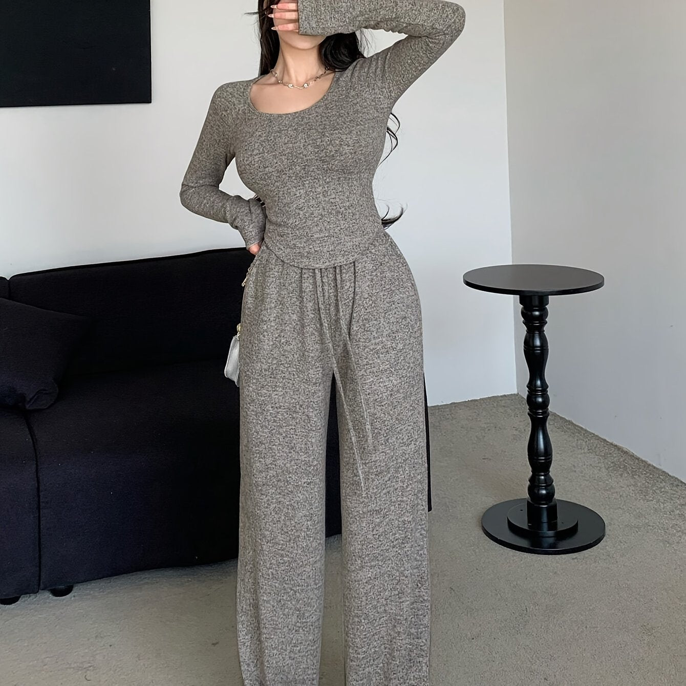 Women's Fall Winter Polyester Crew Neck Top and Loose Fit Pants Loungewear Set