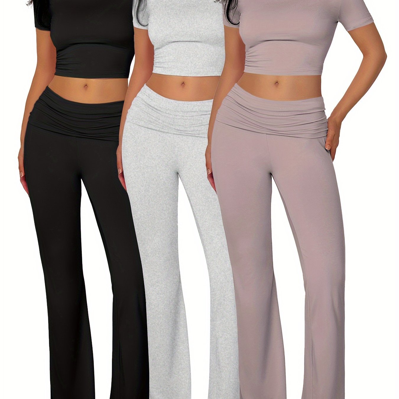 Women's Lounge Set 3-Piece Crop Top Flared Pants Solid Color Knit Modal Comfortable Casual