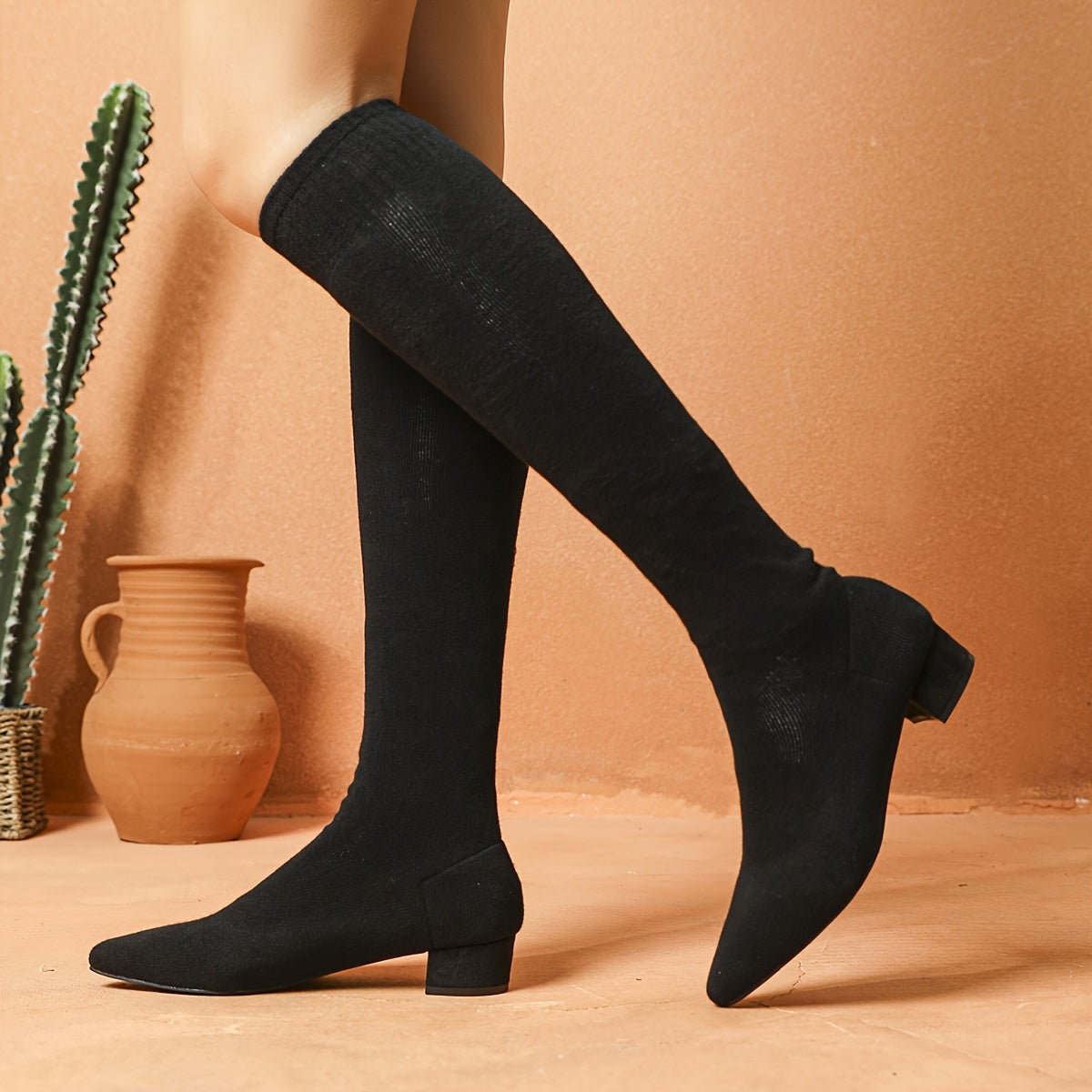 Women Knit Over-The-Knee High Heel Boots with Chunky Block Heel