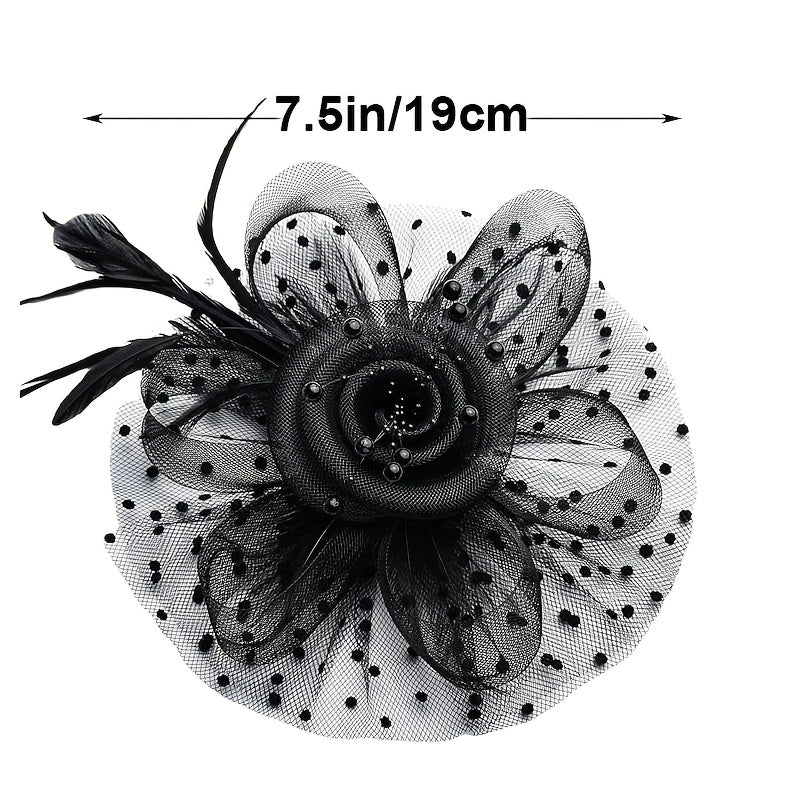 Black Yarn Pillbox Fascinator Hat with Mesh Veil and Fiber Feather for Women